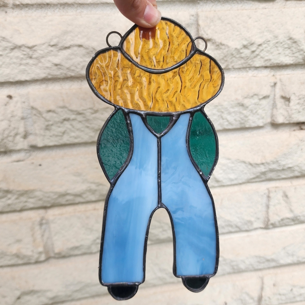 Vintage leaded stained glass suncatcher farmer boy